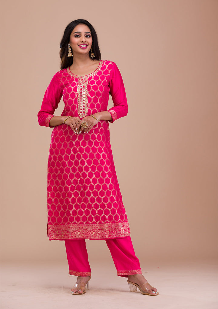 Rani Pink Zariwork Art Silk Readymade Salwar Suit