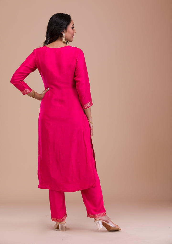 Rani Pink Zariwork Art Silk Readymade Salwar Suit