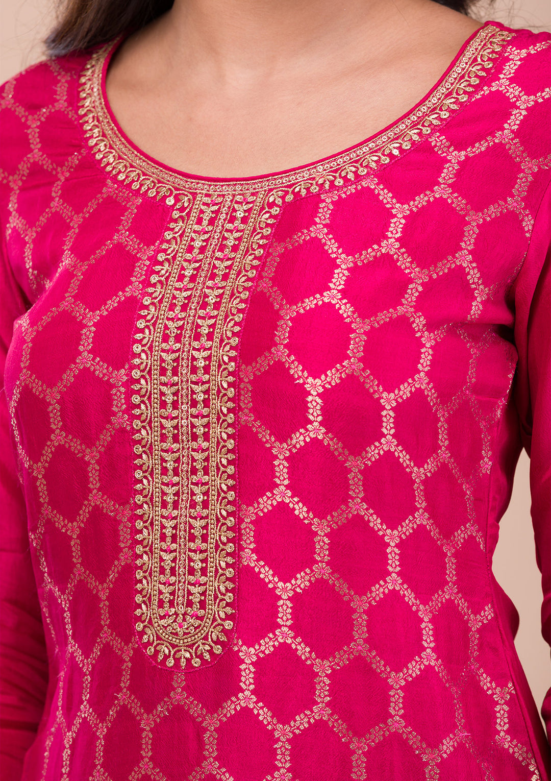 Rani Pink Zariwork Art Silk Readymade Salwar Suit