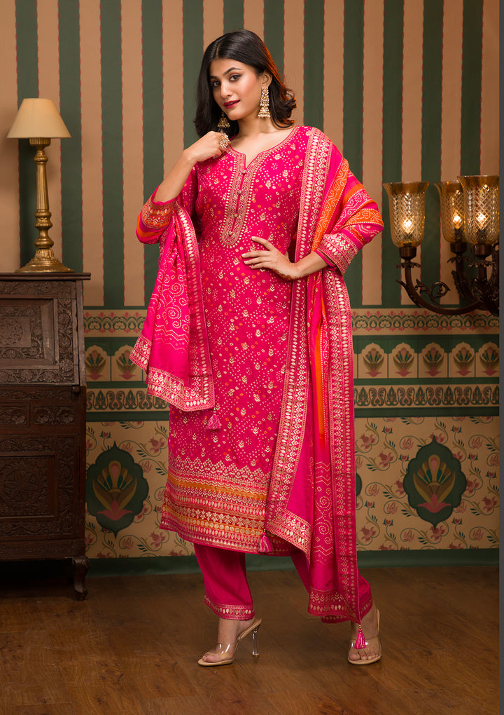 Rani Pink Zariwork Art Silk Readymade Salwar Suit