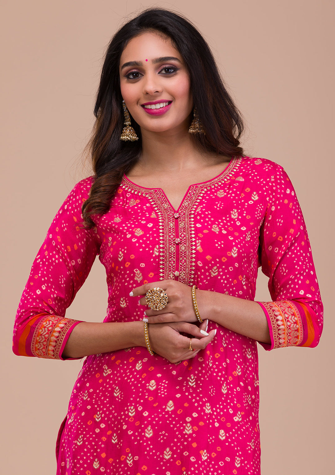 Rani Pink Zariwork Art Silk Readymade Salwar Suit
