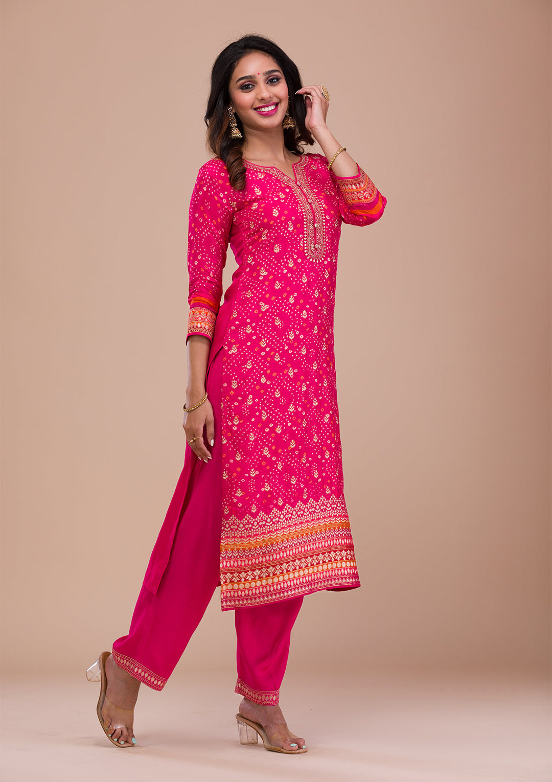 Rani Pink Zariwork Art Silk Readymade Salwar Suit