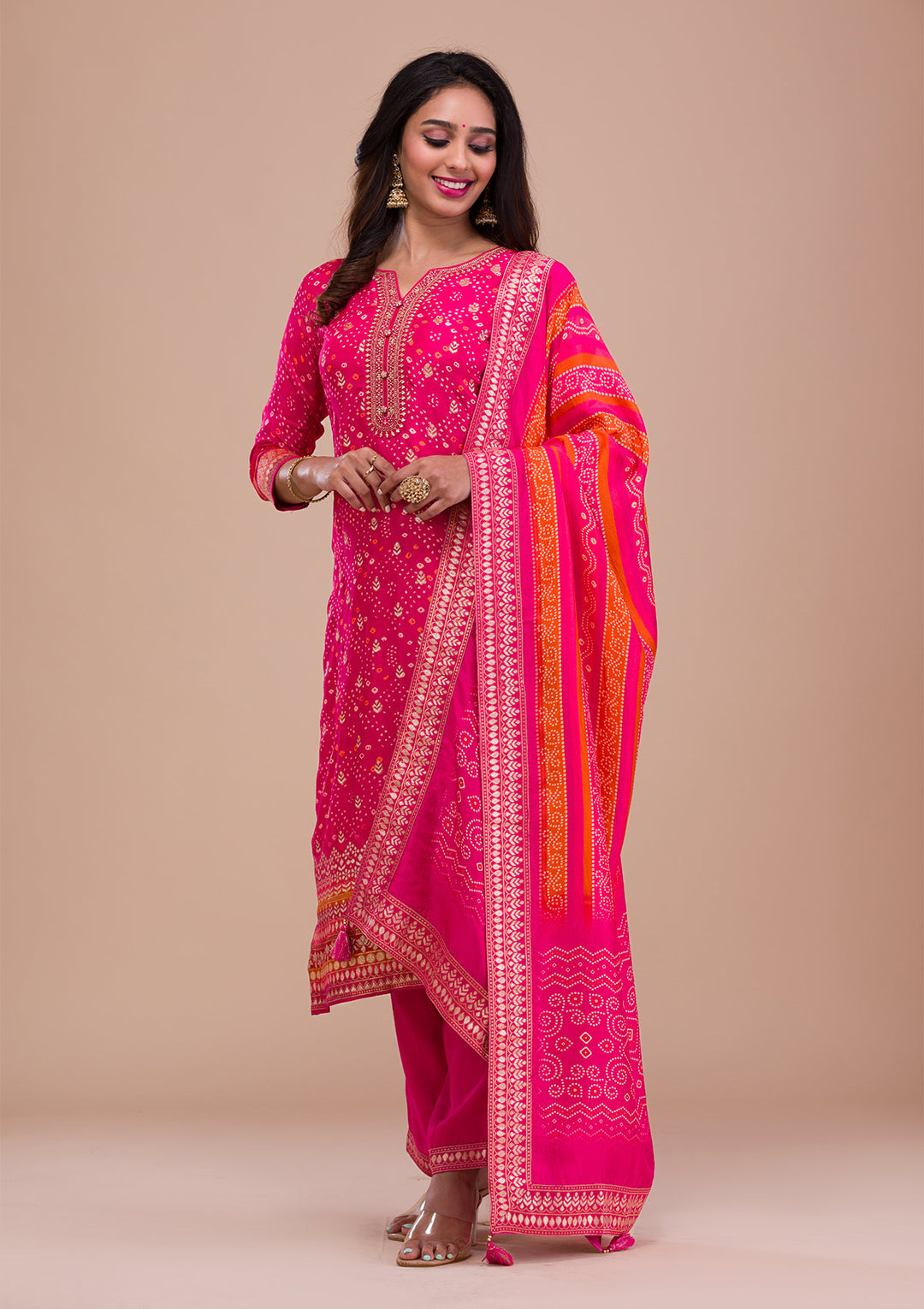 Rani Pink Zariwork Art Silk Readymade Salwar Suit
