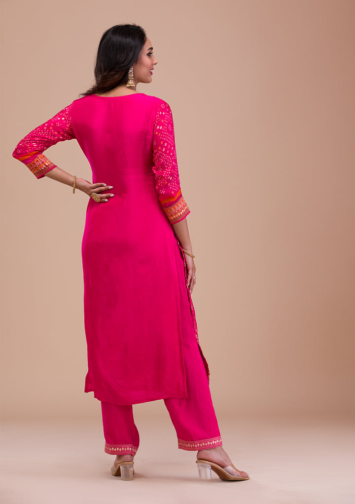 Rani Pink Zariwork Art Silk Readymade Salwar Suit