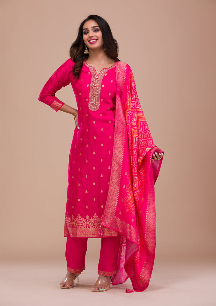 Rani Pink Zariwork Art Silk Readymade Salwar Suit