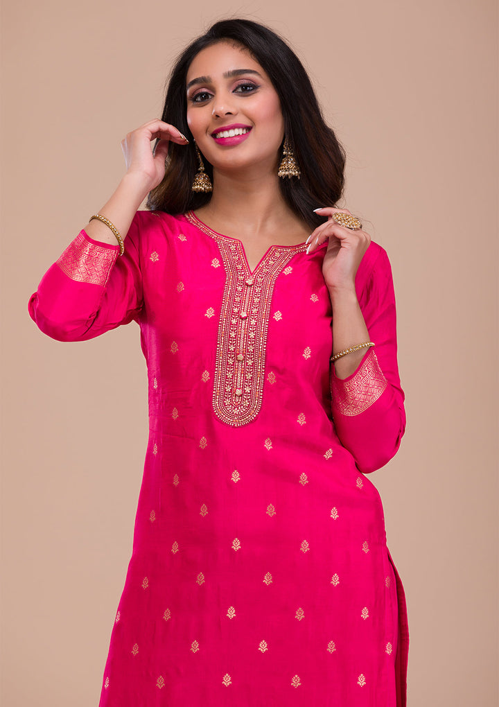 Rani Pink Zariwork Art Silk Readymade Salwar Suit