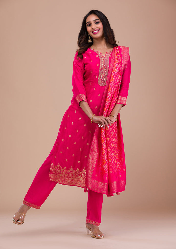 Rani Pink Zariwork Art Silk Readymade Salwar Suit