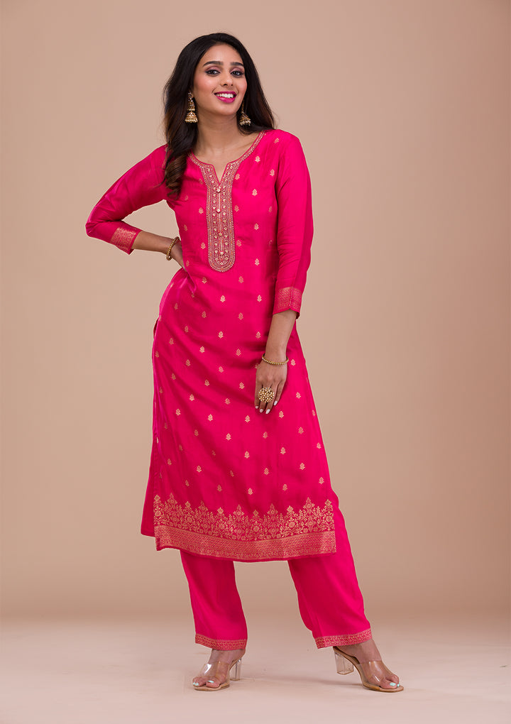 Rani Pink Zariwork Art Silk Readymade Salwar Suit