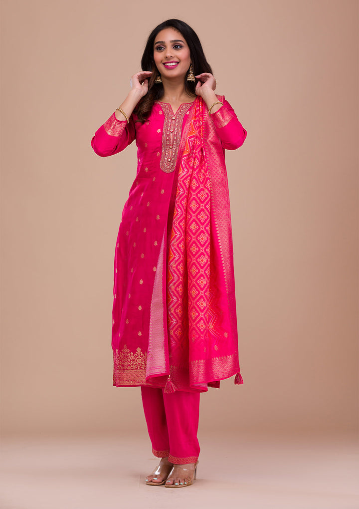 Rani Pink Zariwork Art Silk Readymade Salwar Suit