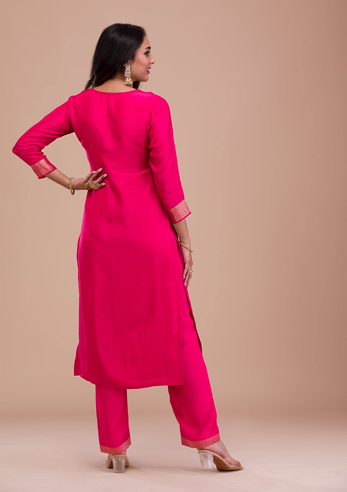 Rani Pink Zariwork Art Silk Readymade Salwar Suit