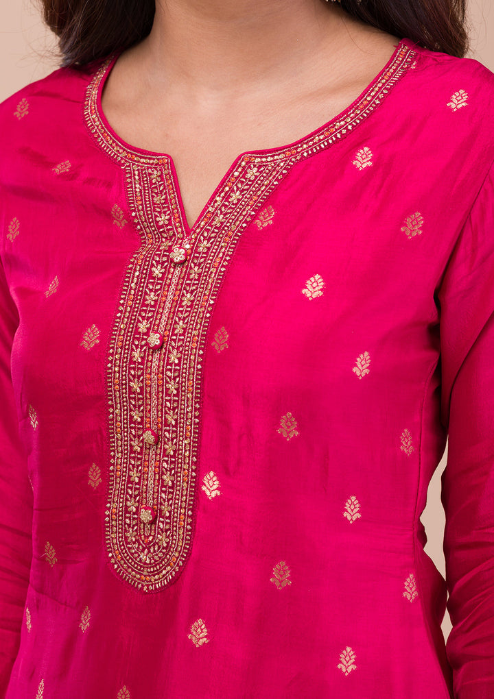 Rani Pink Zariwork Art Silk Readymade Salwar Suit