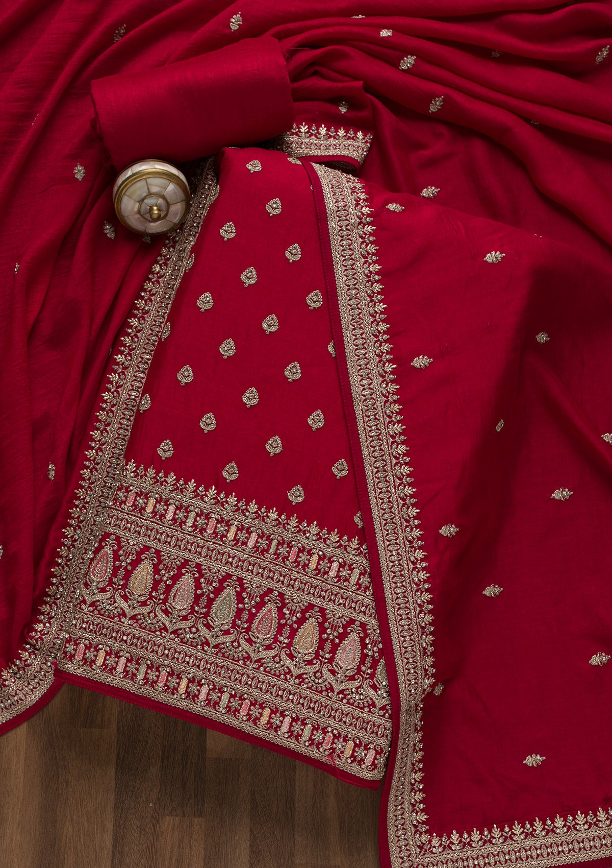 Rani Pink Zariwork Art Silk Unstitched Salwar Suit