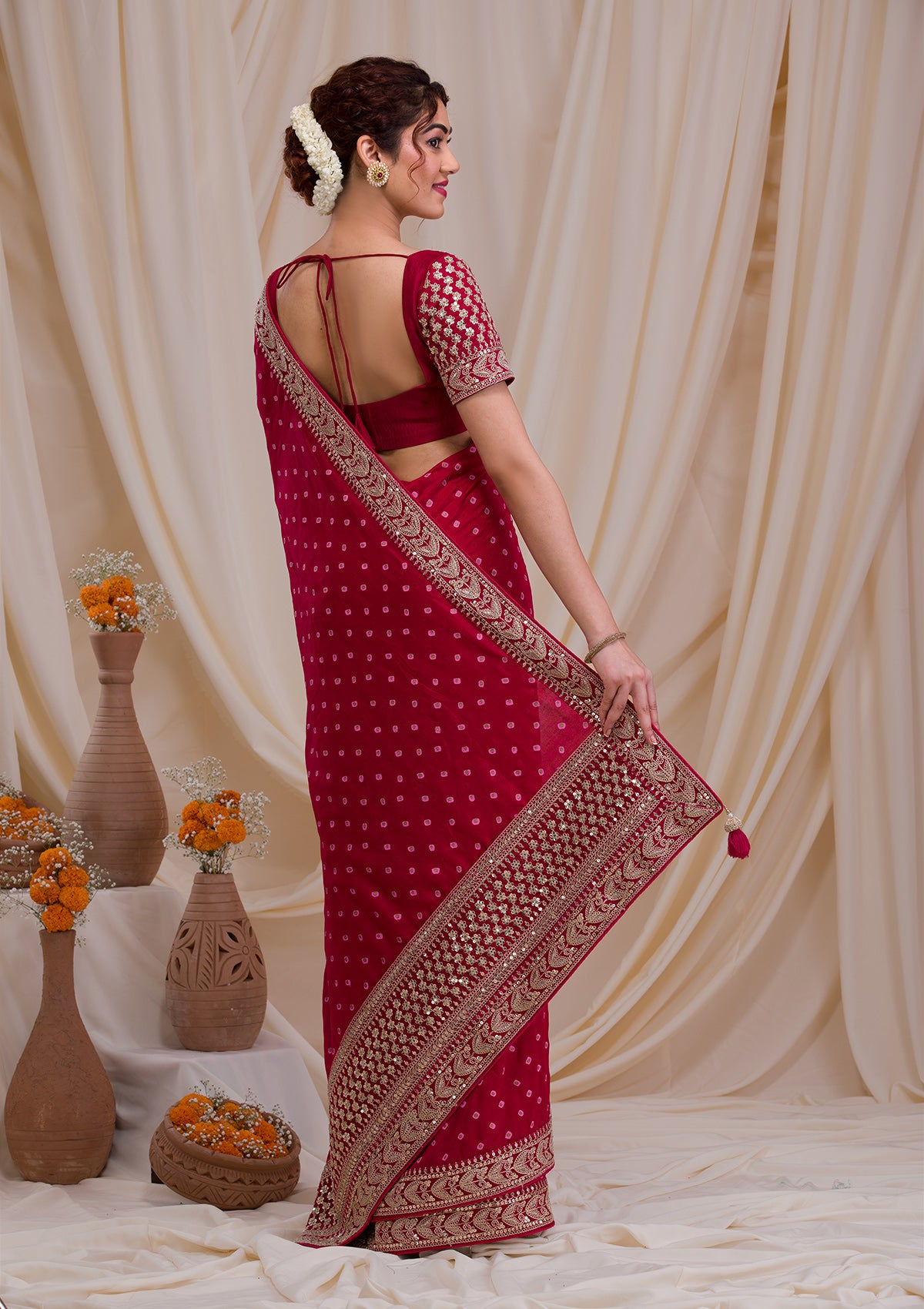 Buy Rani Pink Zari & Sequins Work Raw Silk Saree - Koskii