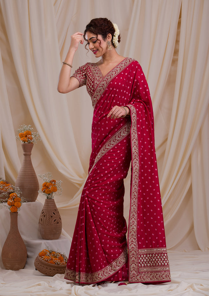 Rani Pink Zari & Sequins Work Raw Silk Saree