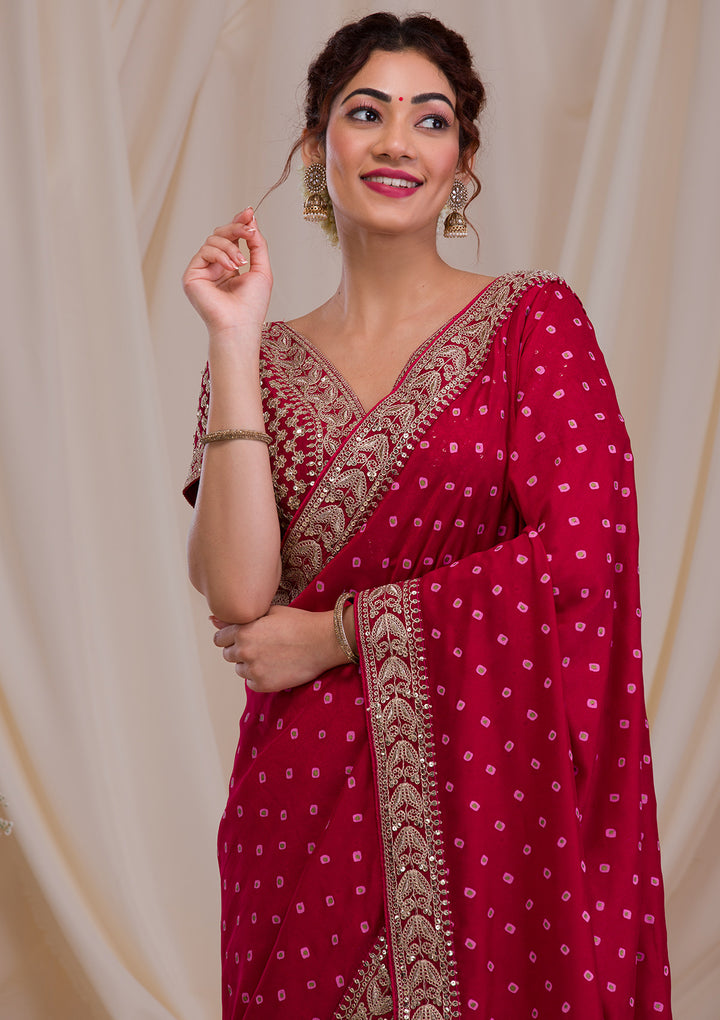 Rani Pink Zari & Sequins Work Raw Silk Saree