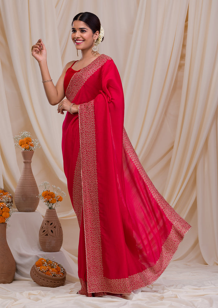 Rani Pink Zariwork Art Silk Saree-Koskii