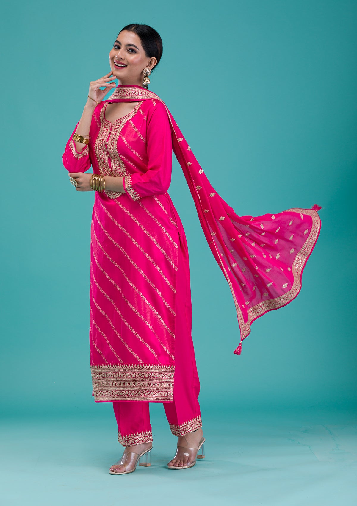 Rani Pink Zariwork Banarasi Readymade Salwar Suit