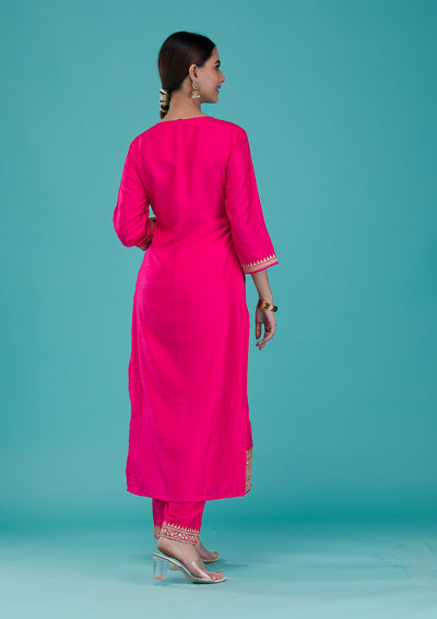 Rani Pink Zariwork Banarasi Readymade Salwar Suit
