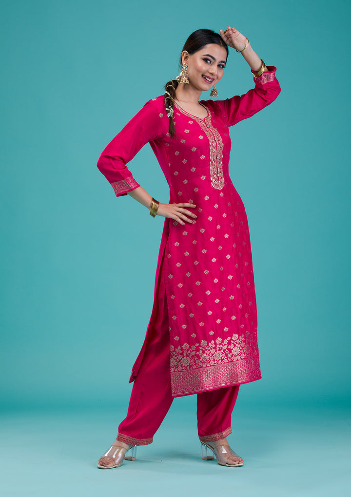 Rani Pink Zariwork Banarasi Readymade Salwar Suit
