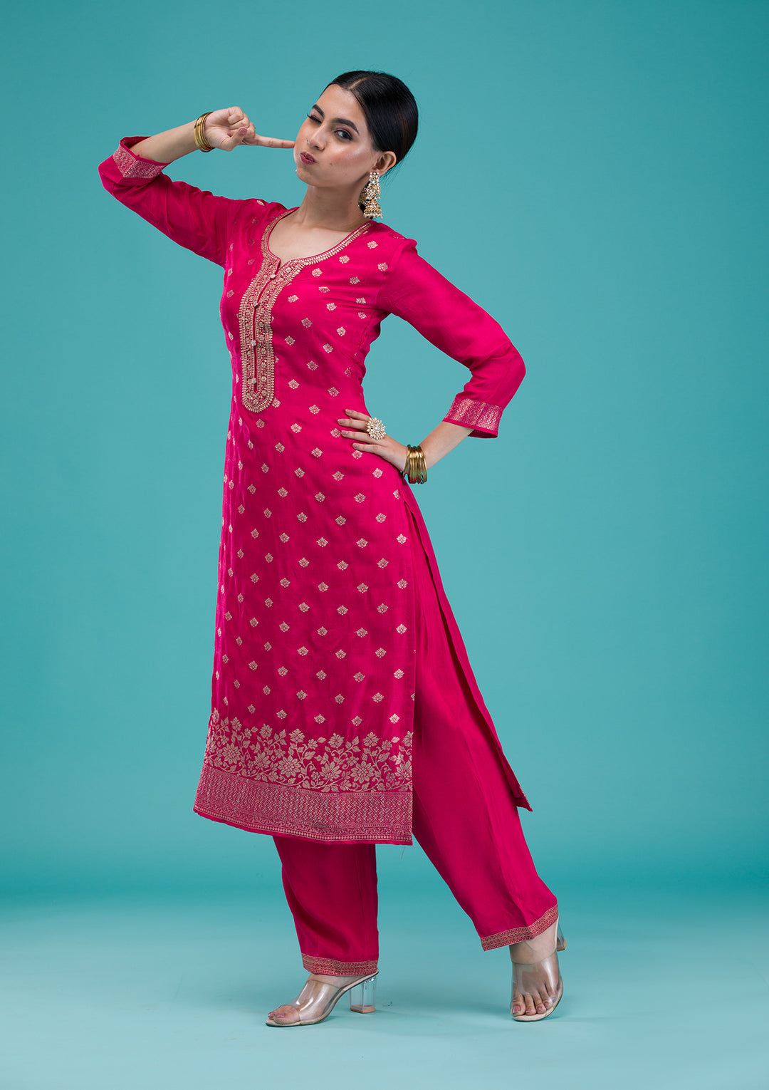 Rani Pink Zariwork Banarasi Readymade Salwar Suit