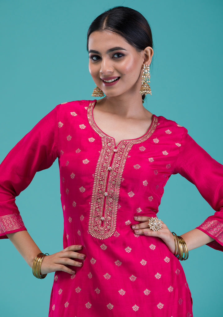 Rani Pink Zariwork Banarasi Readymade Salwar Suit