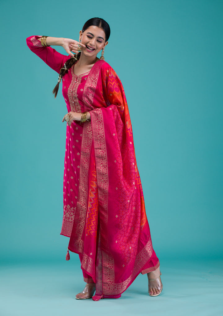 Rani Pink Zariwork Banarasi Readymade Salwar Suit
