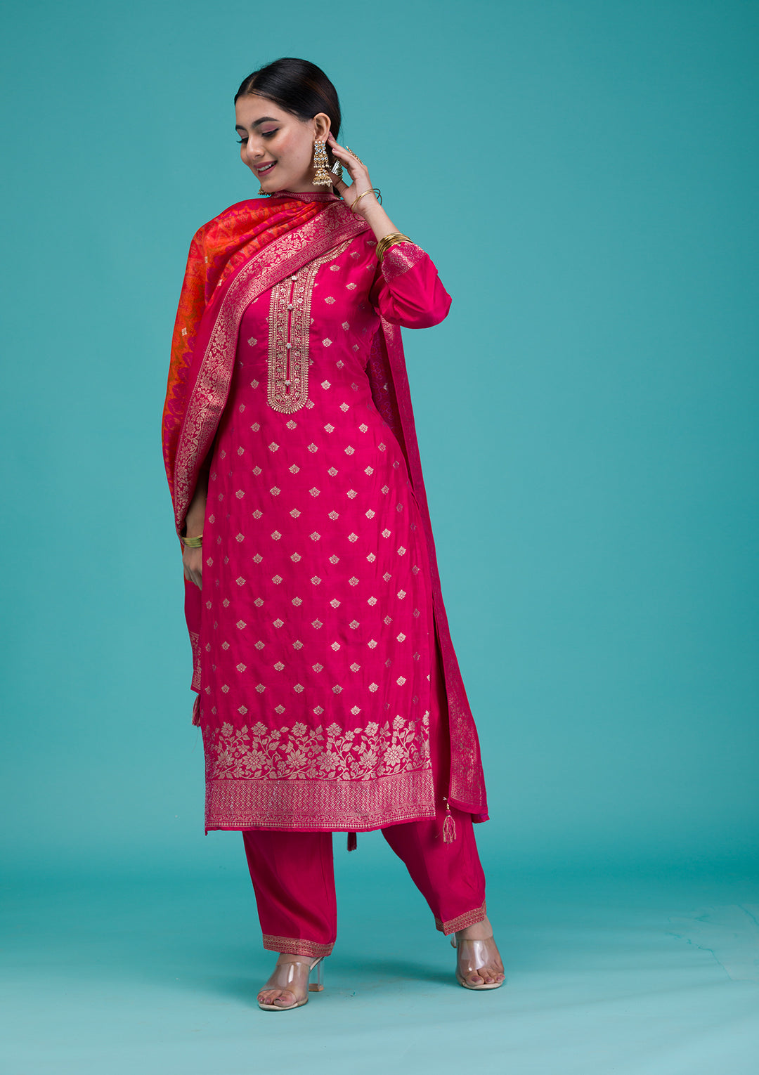 Rani Pink Zariwork Banarasi Readymade Salwar Suit