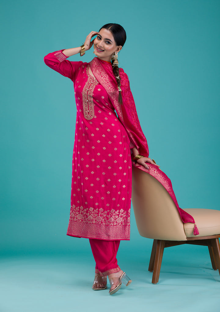 Rani Pink Zariwork Banarasi Readymade Salwar Suit