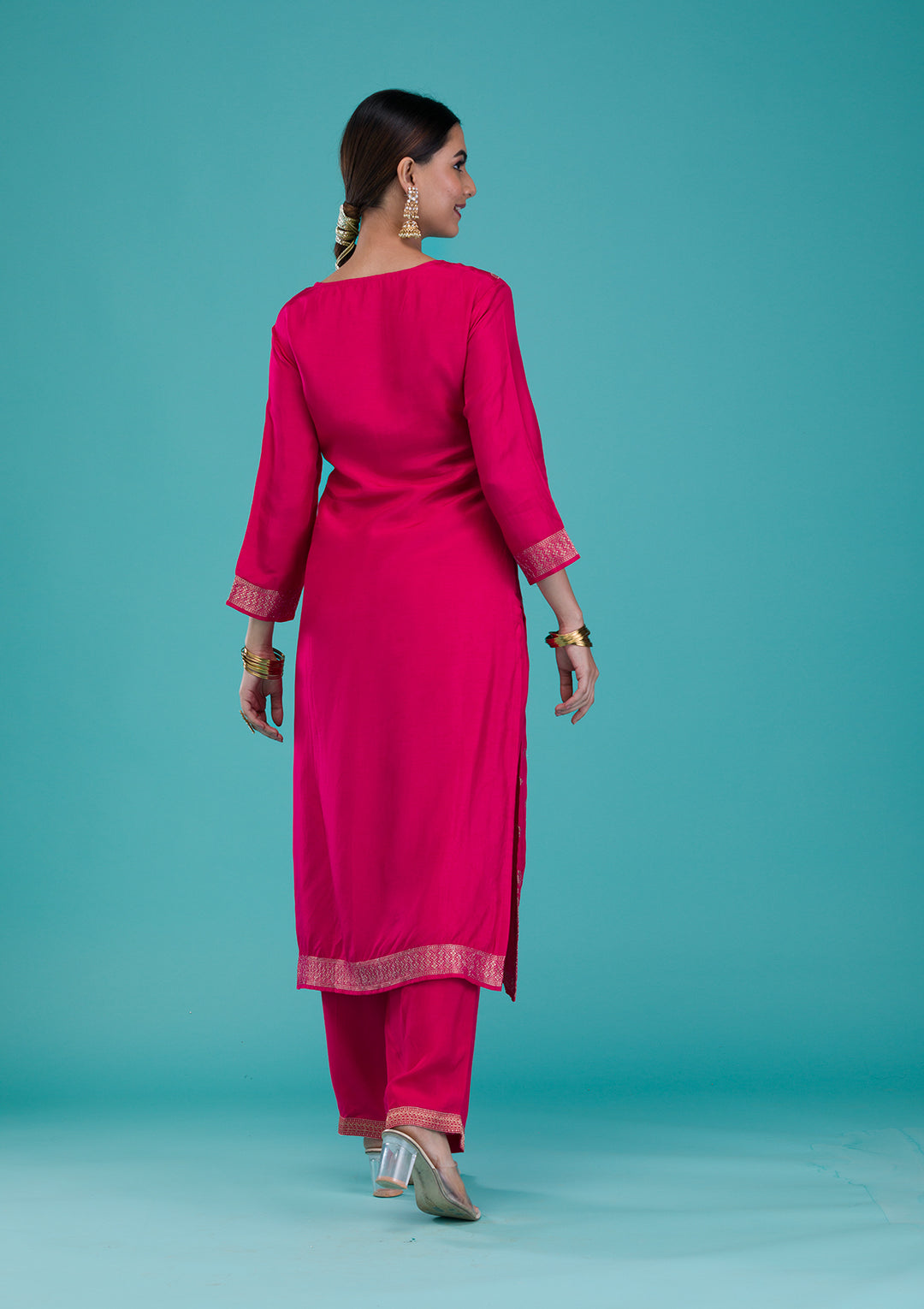Rani Pink Zariwork Banarasi Readymade Salwar Suit