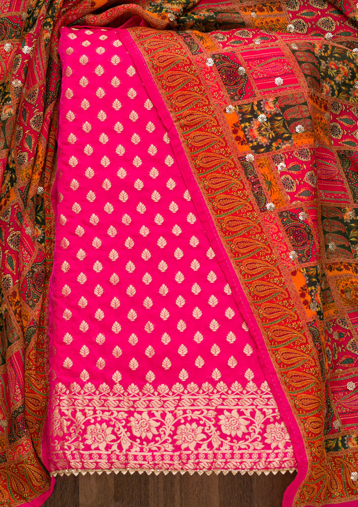 Rani Pink Zariwork Banarasi Unstitched Salwar Suit