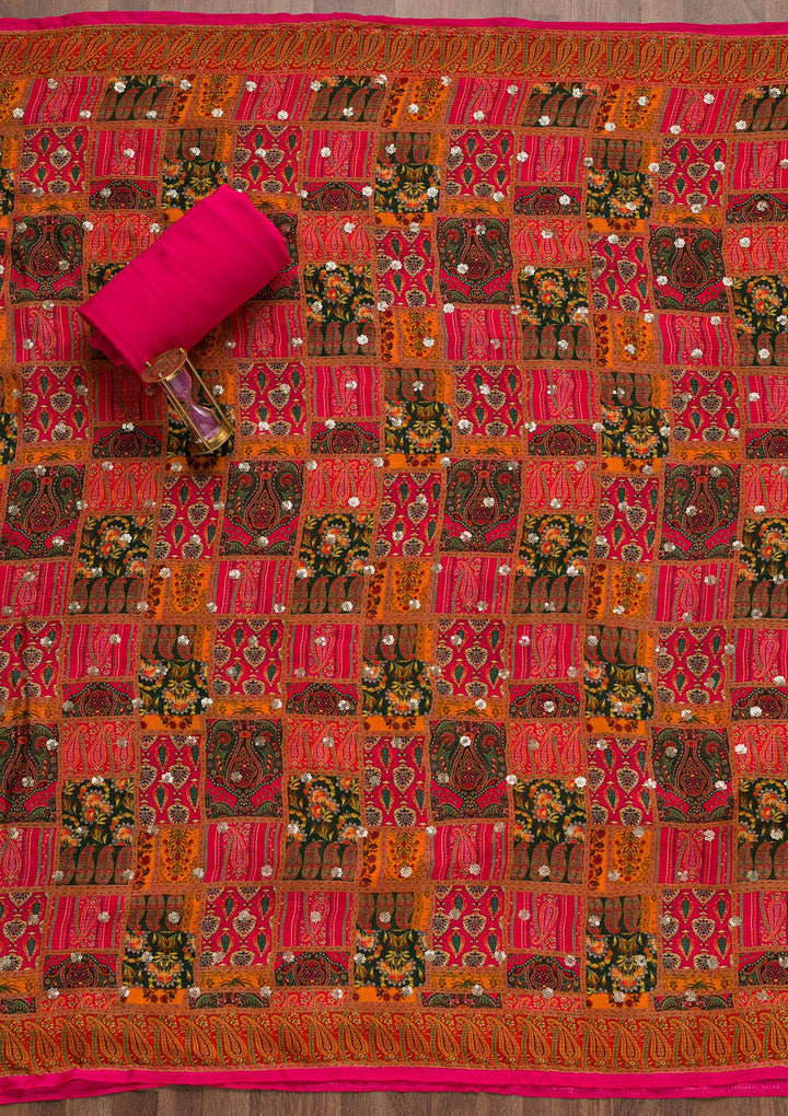 Rani Pink Zariwork Banarasi Unstitched Salwar Suit