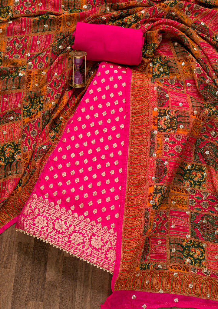 Rani Pink Zariwork Banarasi Unstitched Salwar Suit