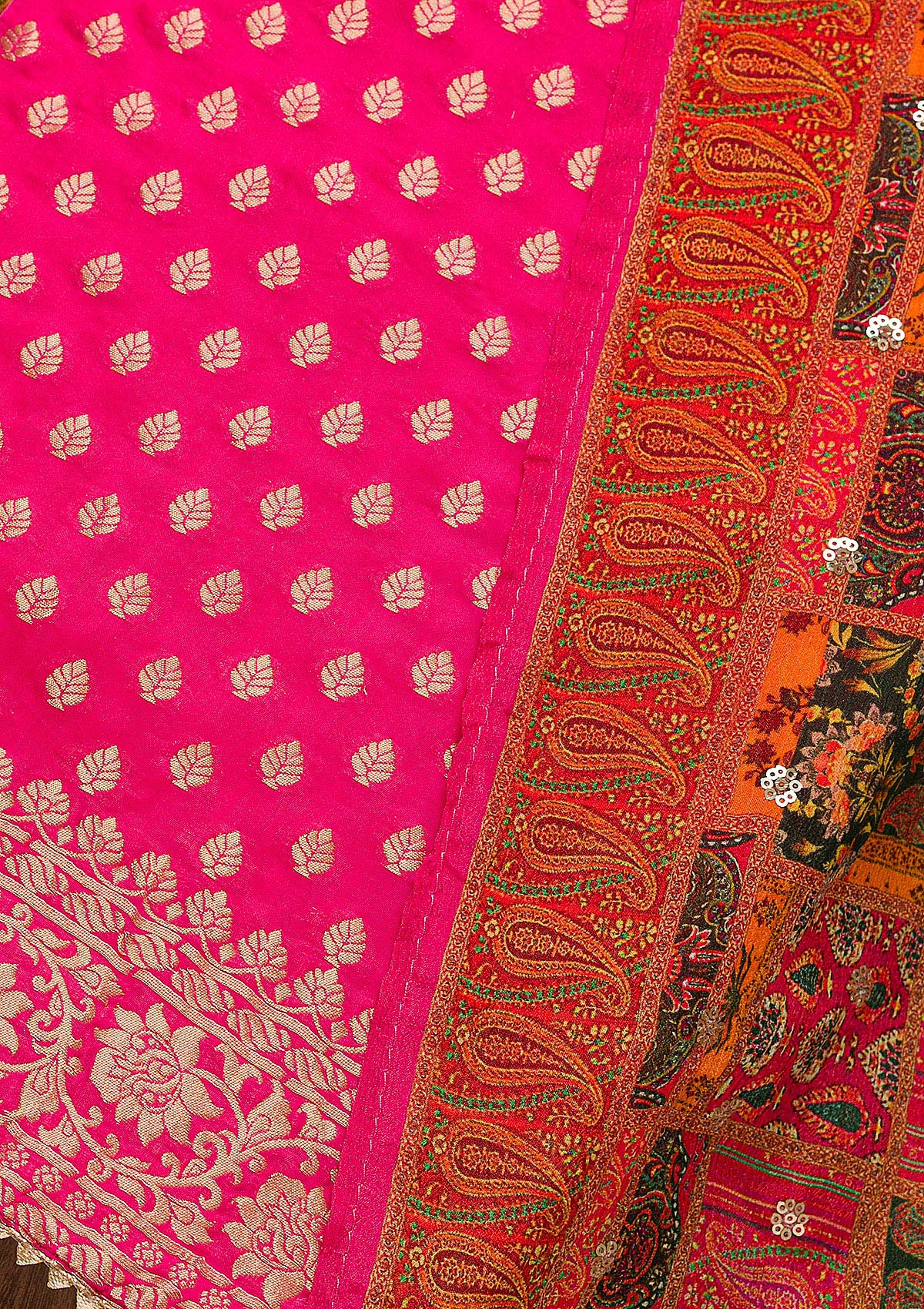 Rani Pink Zariwork Banarasi Unstitched Salwar Suit
