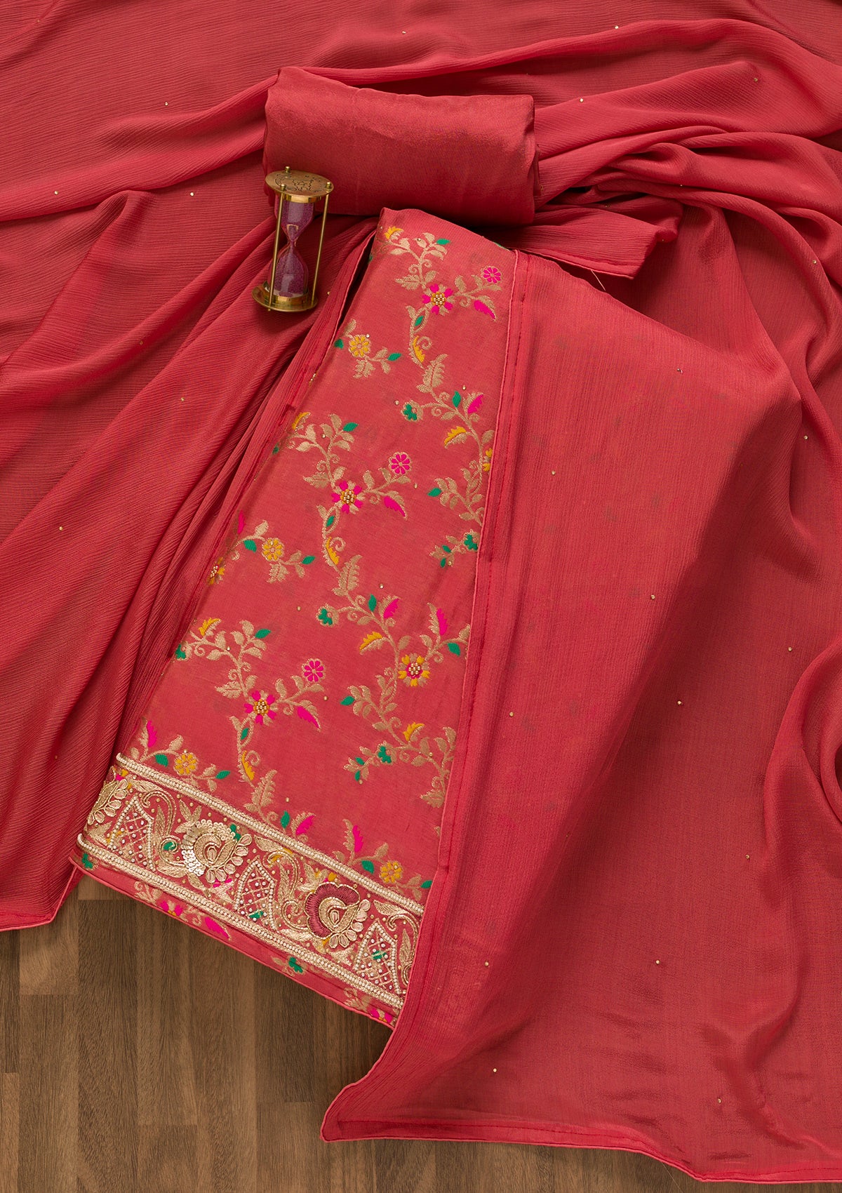 Rani Pink Printed Brocade Unstitched Salwar Suit-Koskii