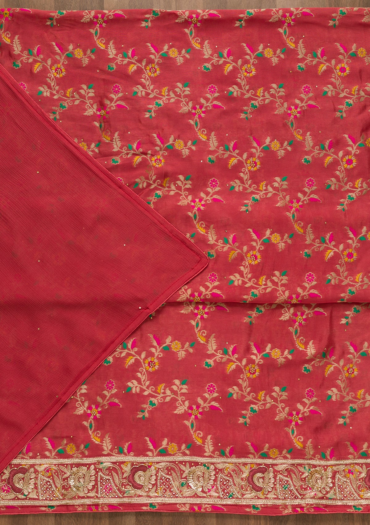 Rani Pink Printed Brocade Unstitched Salwar Suit