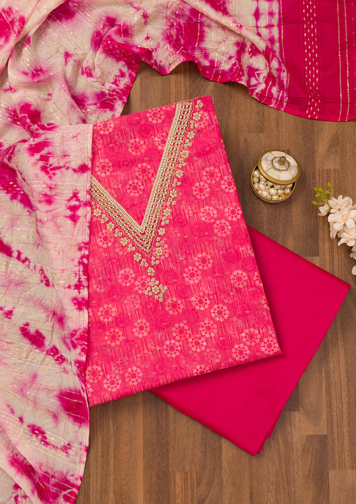 Rani Pink Zariwork Chanderi Unstitched Salwar Suit