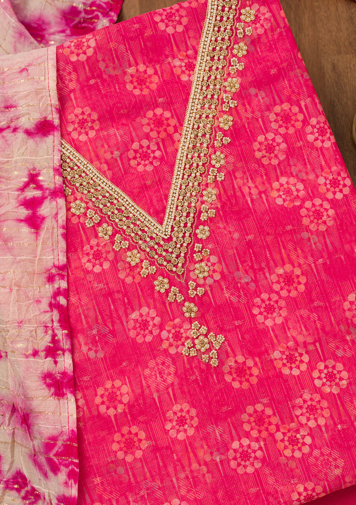 Rani Pink Zariwork Chanderi Unstitched Salwar Suit