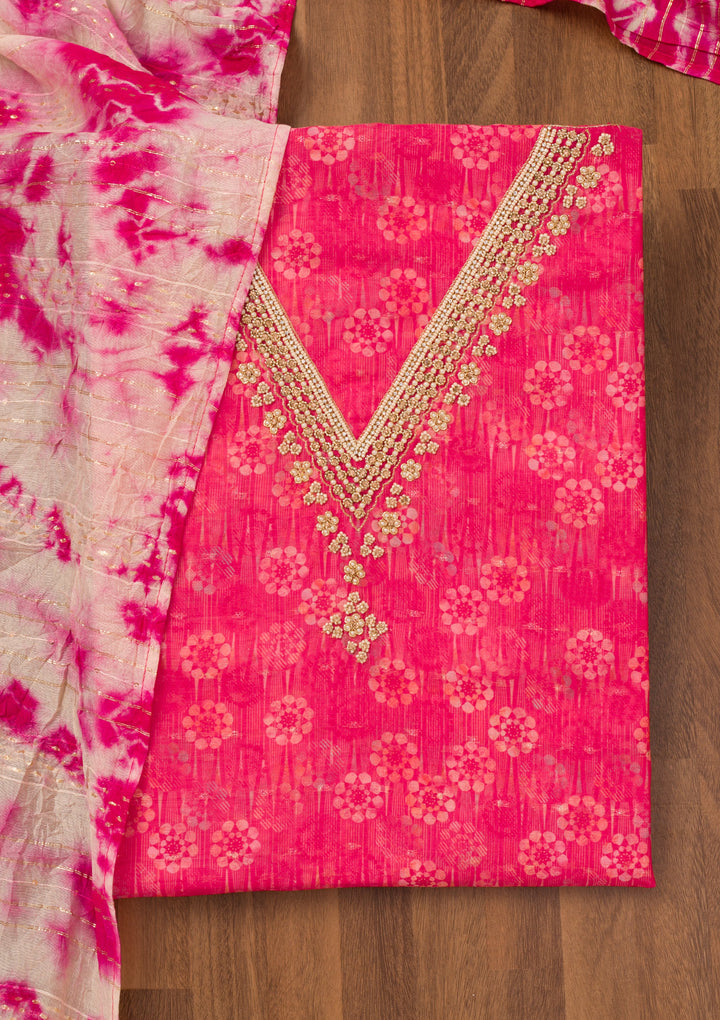 Rani Pink Zariwork Chanderi Unstitched Salwar Suit