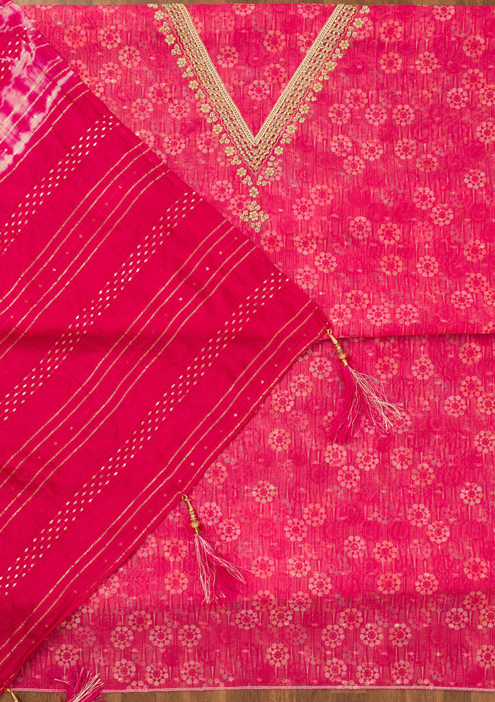 Rani Pink Zariwork Chanderi Unstitched Salwar Suit