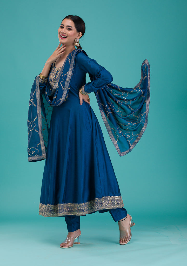 Peacock Blue Zariwork Crepe Readymade Anarkali Suit