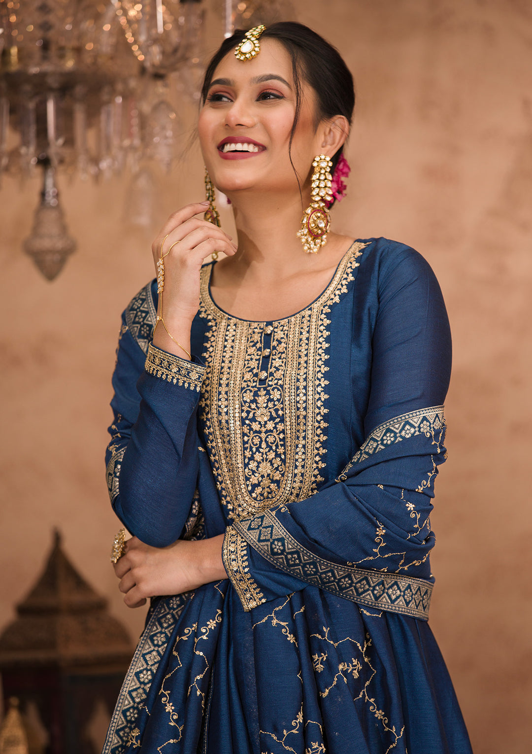 Peacock Blue Zariwork Crepe Readymade Anarkali Suit