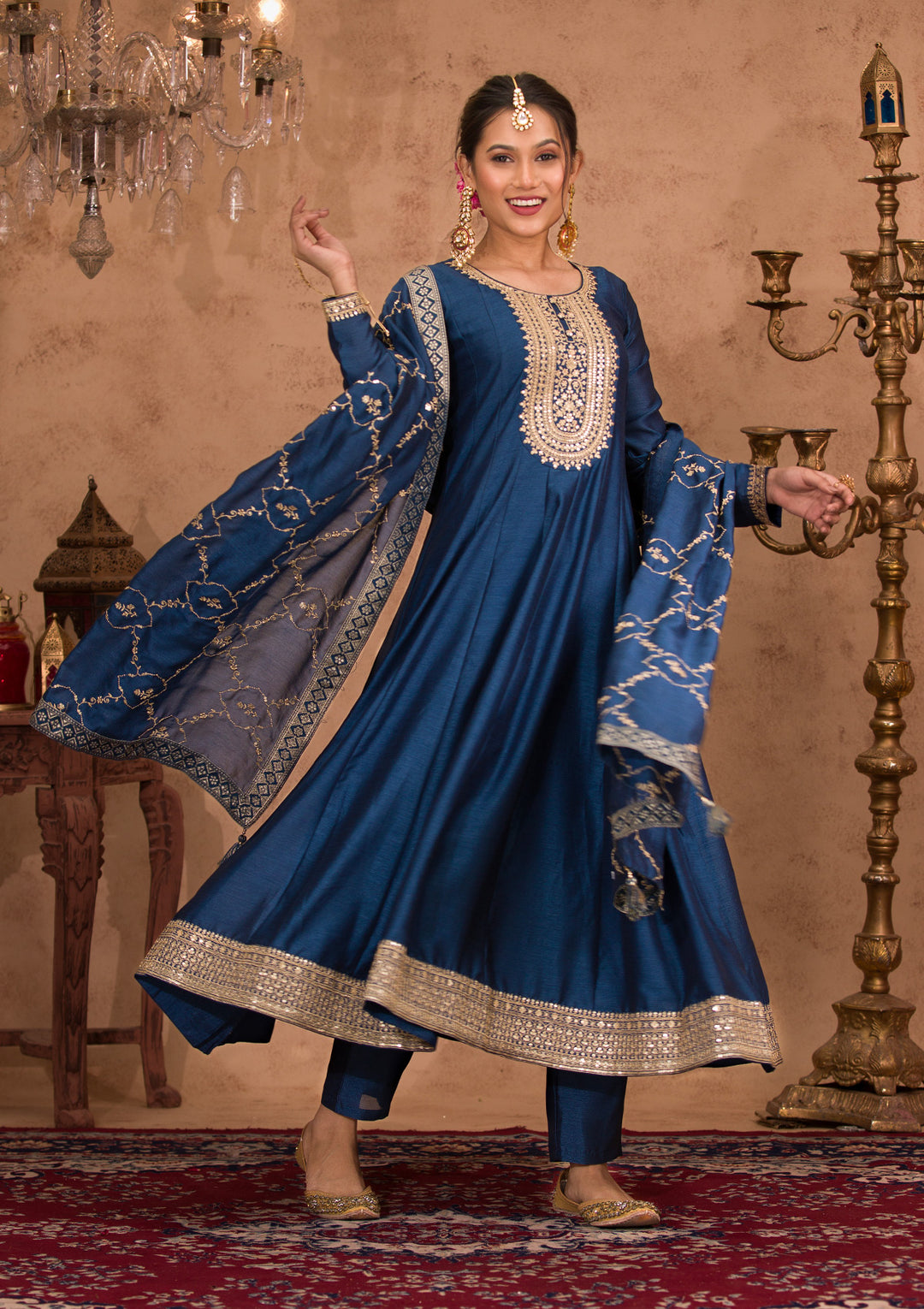 Peacock Blue Zariwork Crepe Readymade Anarkali Suit