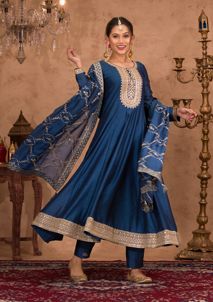 Peacock Blue Zariwork Crepe Readymade Anarkali Suit