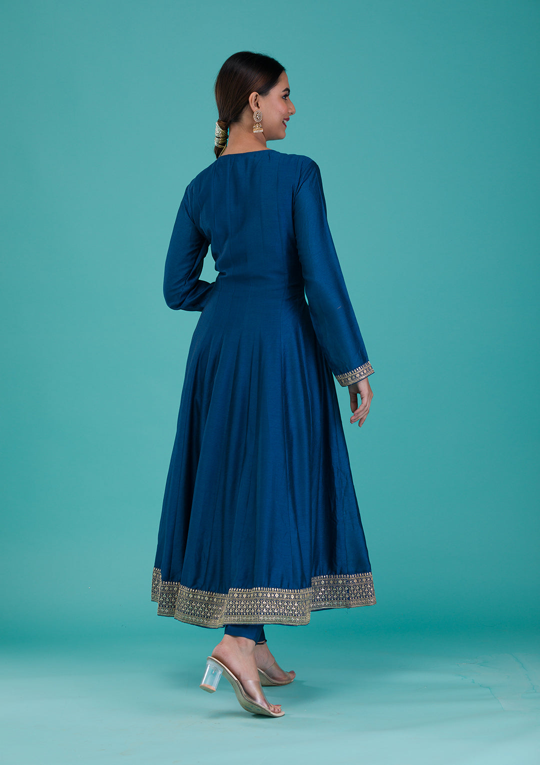 Peacock Blue Zariwork Crepe Readymade Anarkali Suit