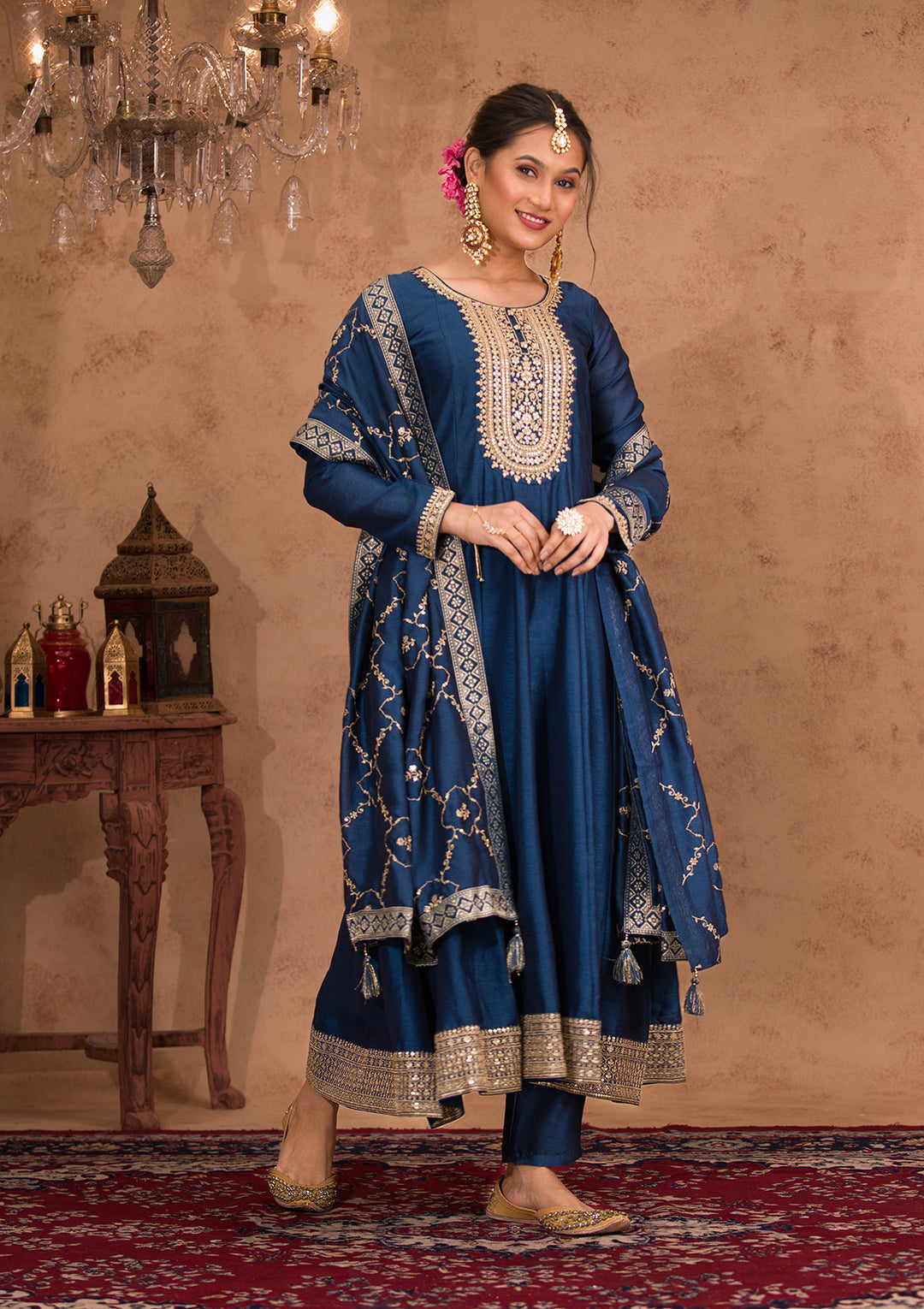 Peacock Blue Zariwork Crepe Readymade Anarkali Suit