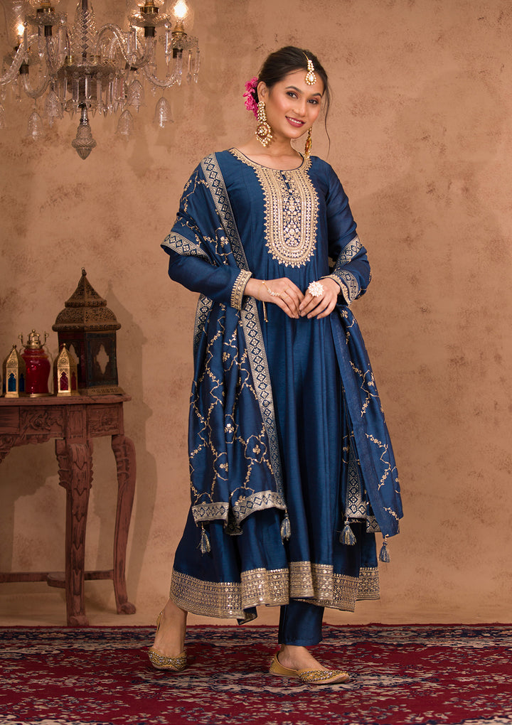 Peacock Blue Zariwork Crepe Readymade Anarkali Suit