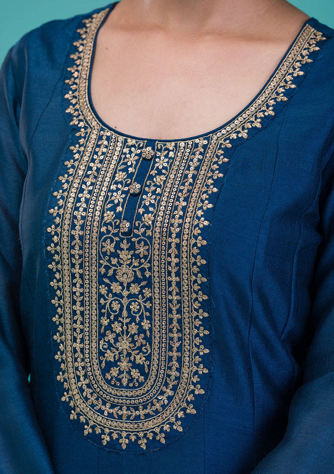 Peacock Blue Zariwork Crepe Readymade Anarkali Suit