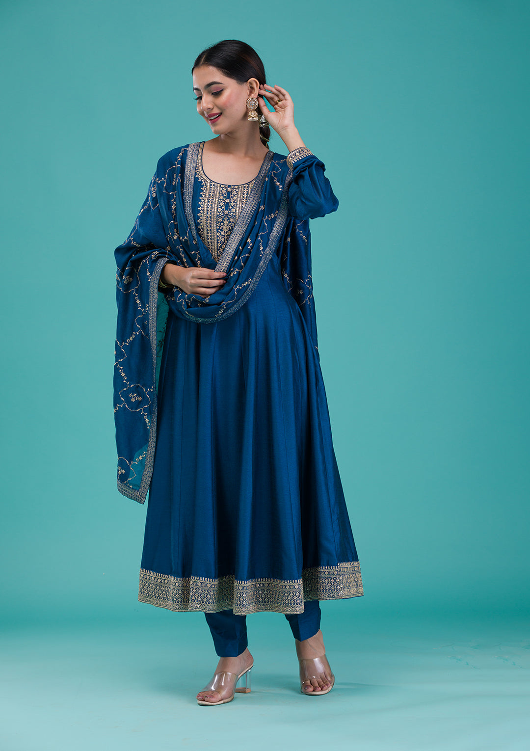 Peacock Blue Zariwork Crepe Readymade Anarkali Suit