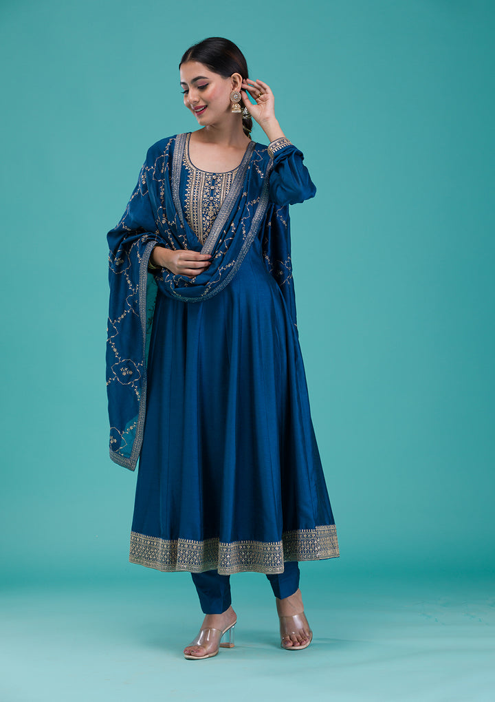 Peacock Blue Zariwork Crepe Readymade Anarkali Suit