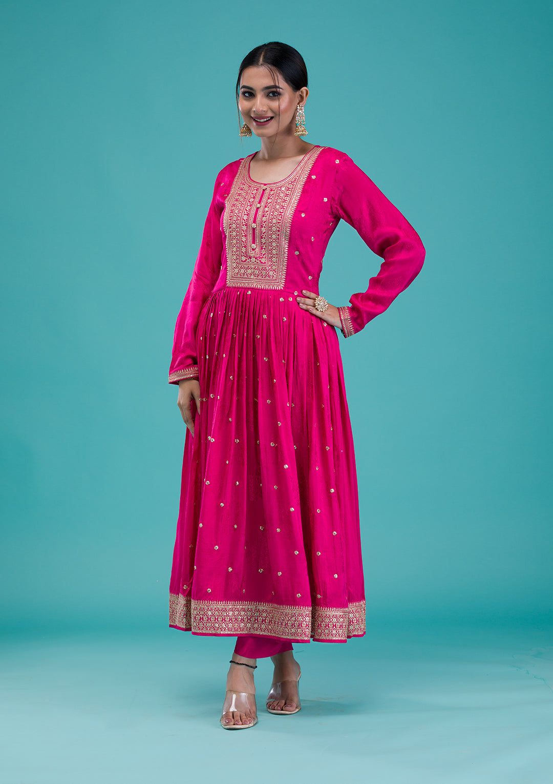 Rani Pink Zariwork Crepe Readymade Anarkali Suit